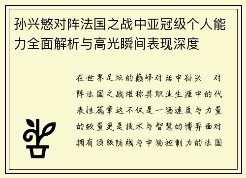 孙兴慜对阵法国之战中亚冠级个人能力全面解析与高光瞬间表现深度 孙兴慜对阵法国之战中亚冠级个人能力全面解析与高光瞬间表现深度