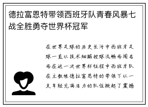 德拉富恩特带领西班牙队青春风暴七战全胜勇夺世界杯冠军 德拉富恩特带领西班牙队青春风暴七战全胜勇夺世界杯冠军